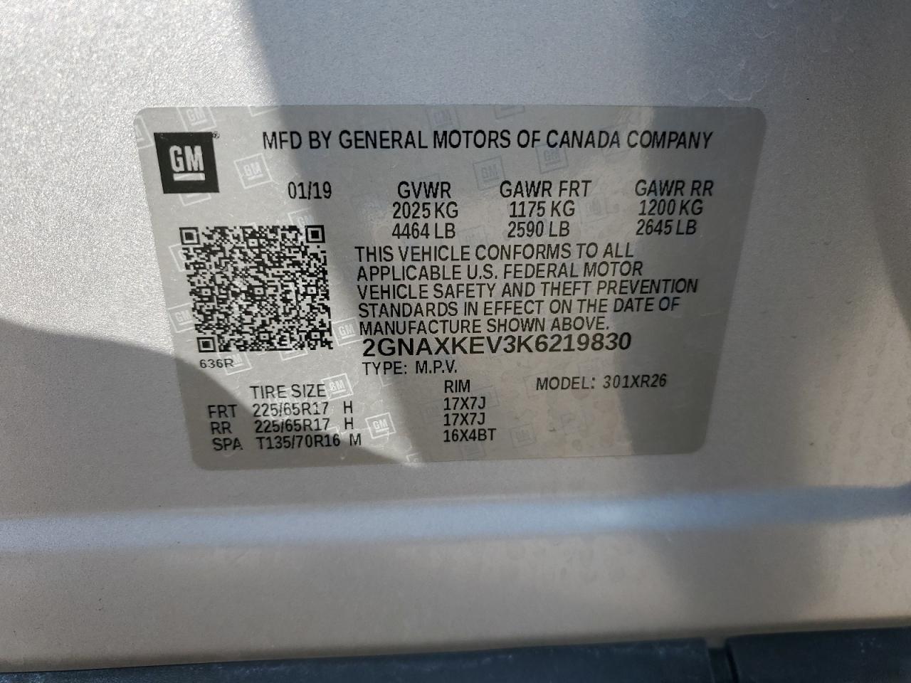 2GNAXKEV3K6219830 2019 CHEVROLET EQUINOX - Image 12