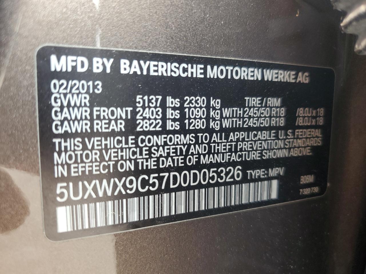 2013 BMW X3 xDrive28I VIN: 5UXWX9C57D0D05326 Lot: 67398114