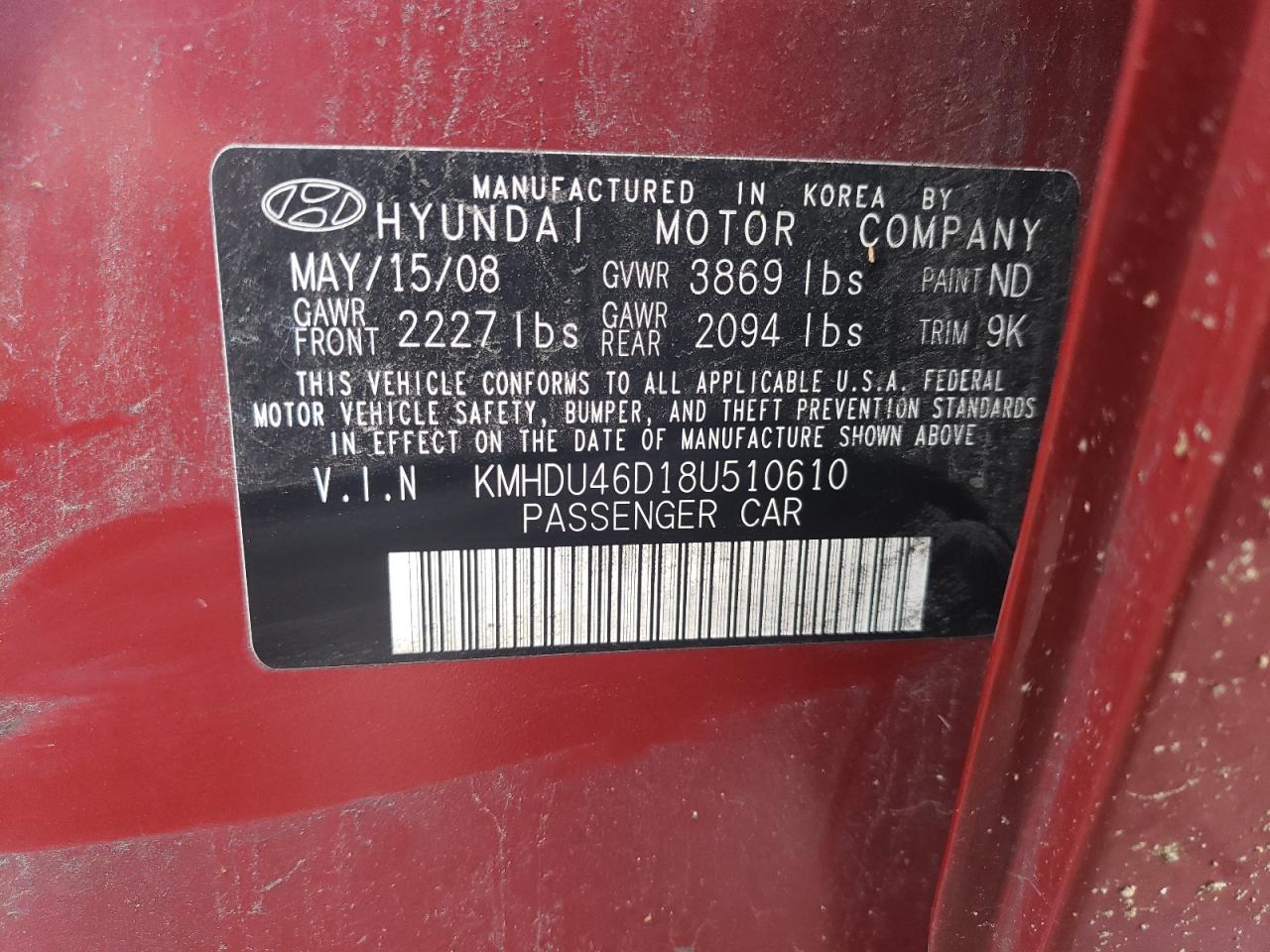 2008 Hyundai Elantra Gls VIN: KMHDU46D18U510610 Lot: 68232674
