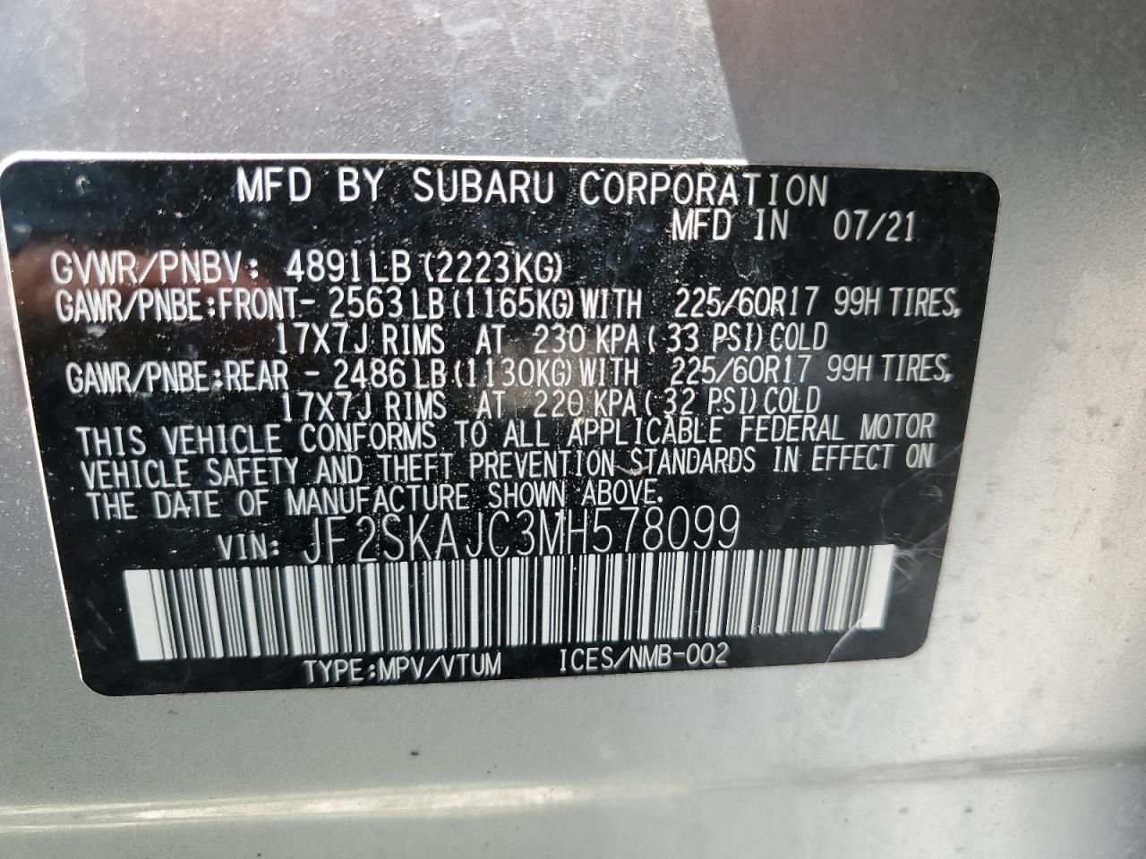 JF2SKAJC3MH578099 2021 Subaru Forester Premium