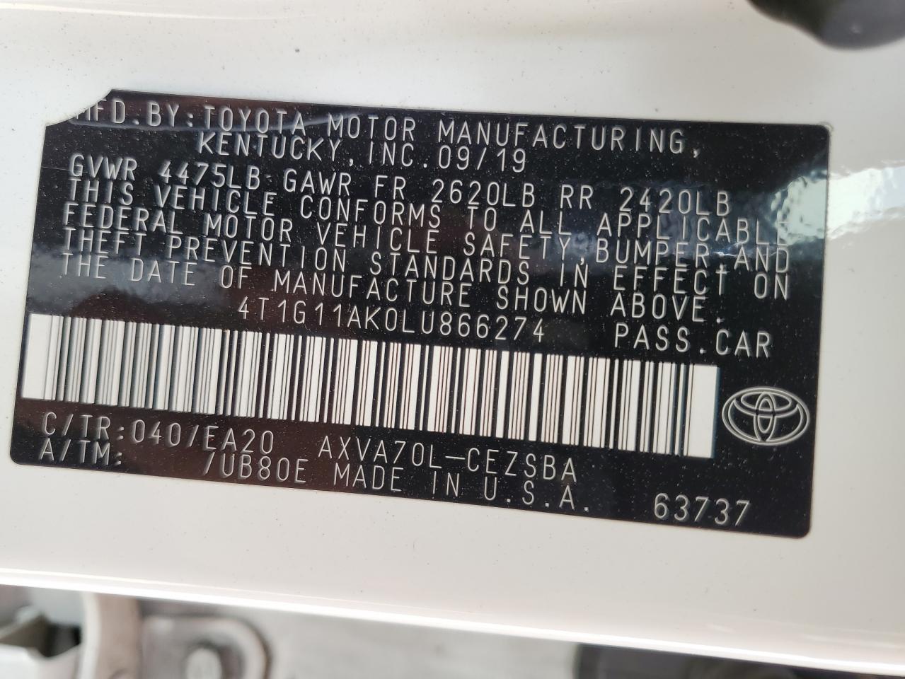 4T1G11AK0LU866274 2020 Toyota Camry Se