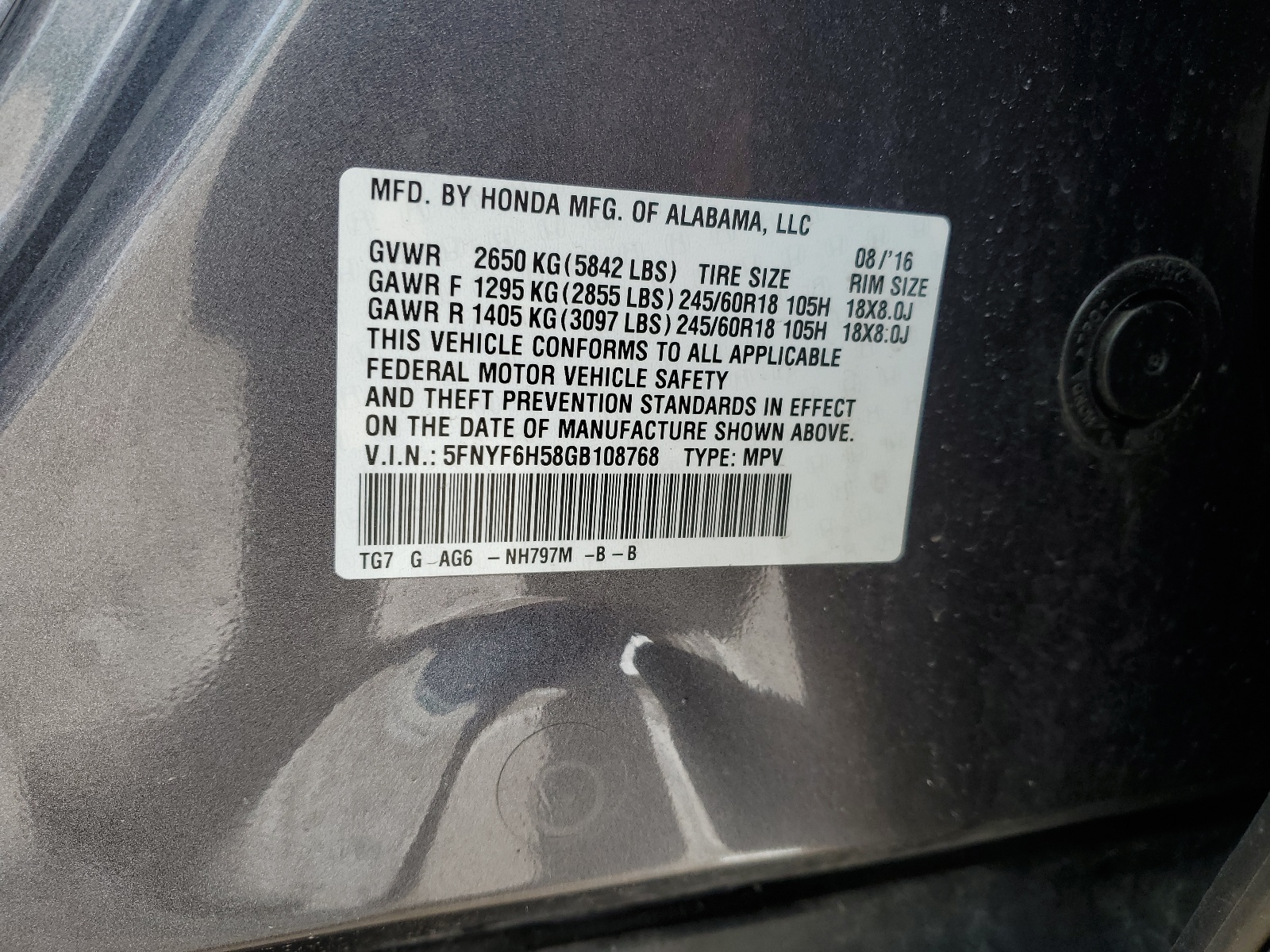 5FNYF6H58GB108768 2016 Honda Pilot Exl