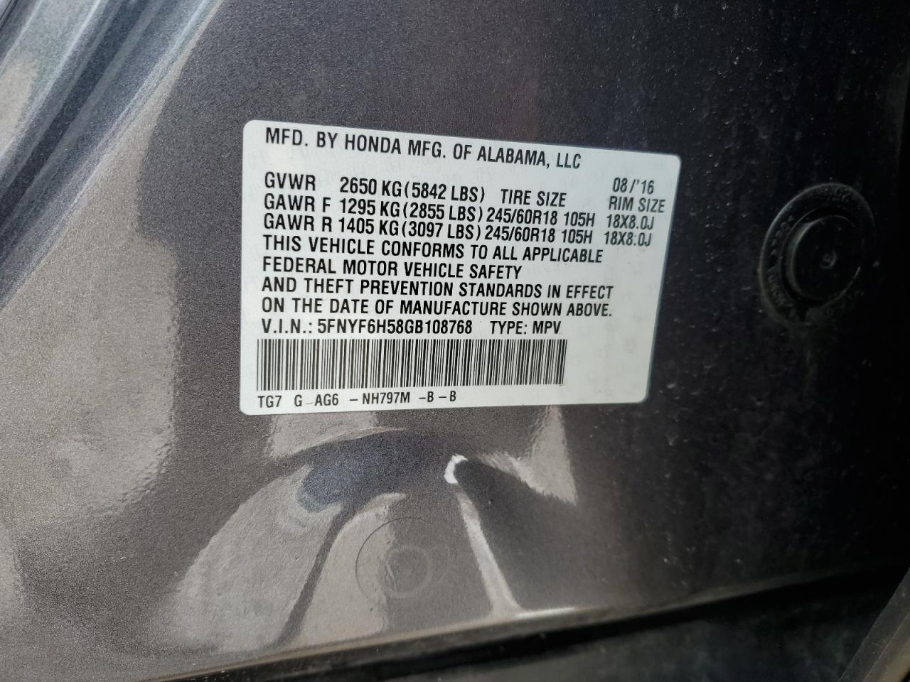 2016 Honda Pilot Exl VIN: 5FNYF6H58GB108768 Lot: 66278074