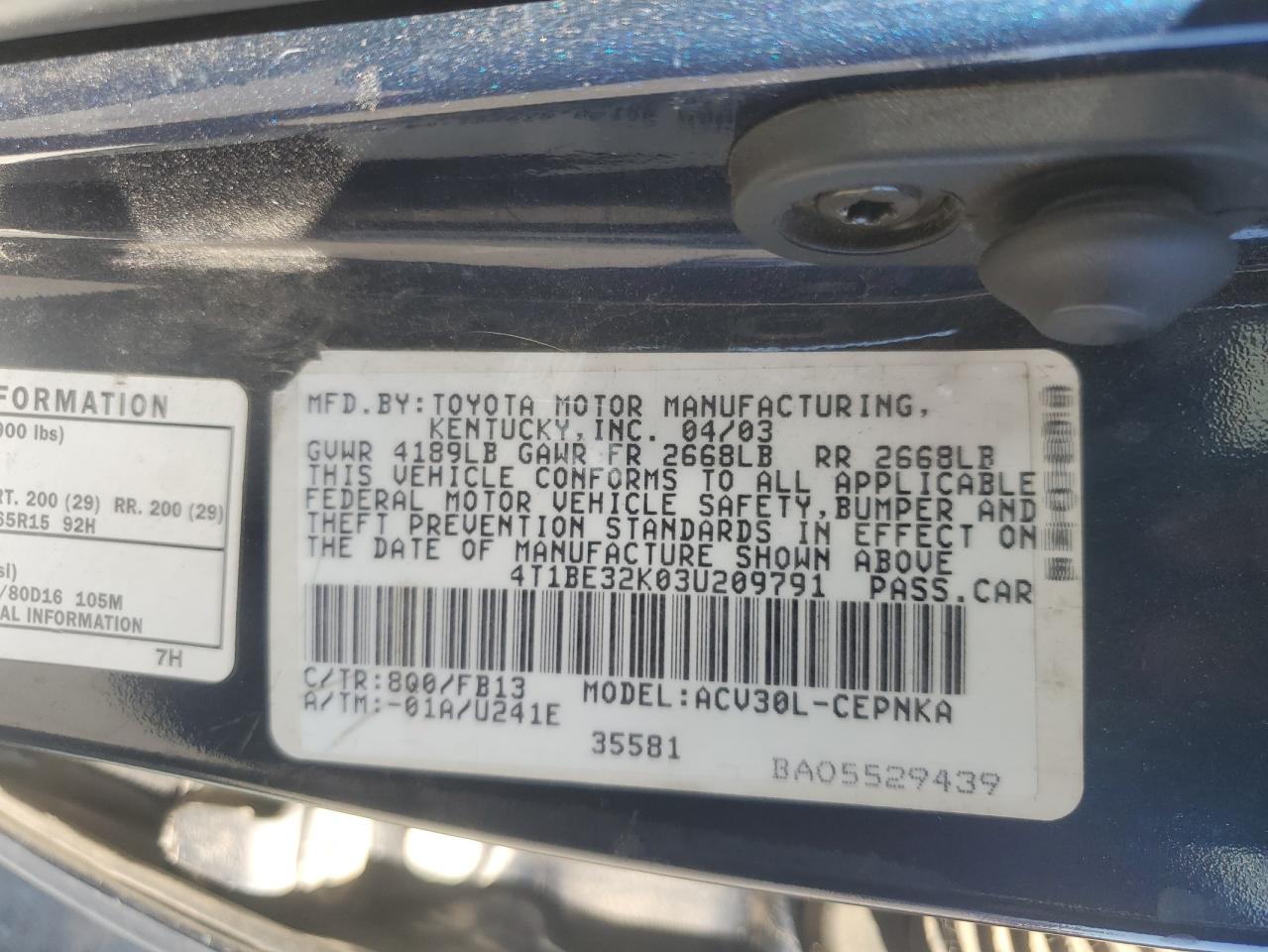 2003 Toyota Camry Le VIN: 4T1BE32K03U209791 Lot: 66786704