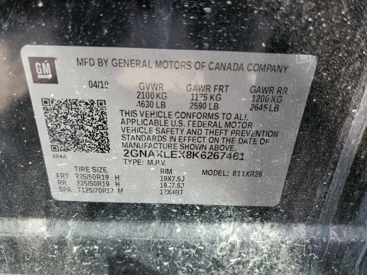 2019 Chevrolet Equinox Lt VIN: 2GNAXLEX8K6267461 Lot: 68891994