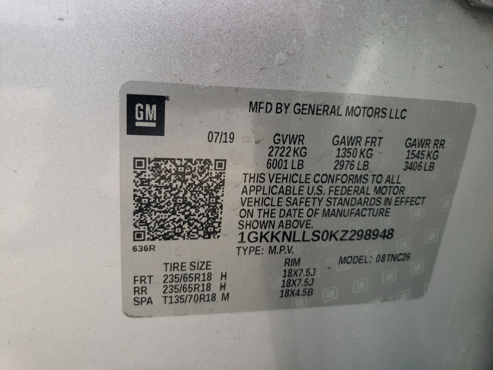 1GKKNLLS0KZ298948 2019 GMC Acadia Sle