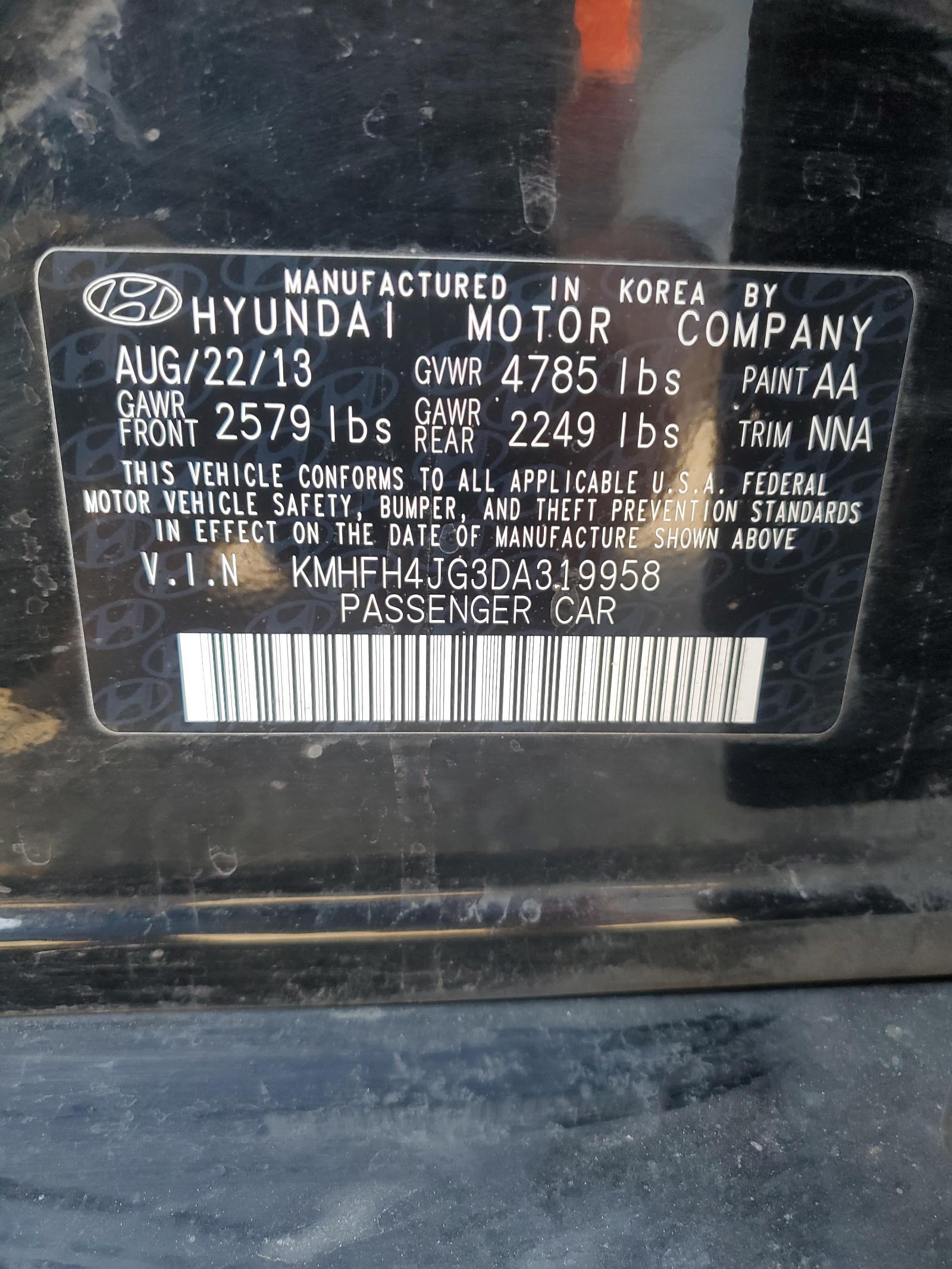 2013 Hyundai Azera Gls vin: KMHFH4JG3DA319958