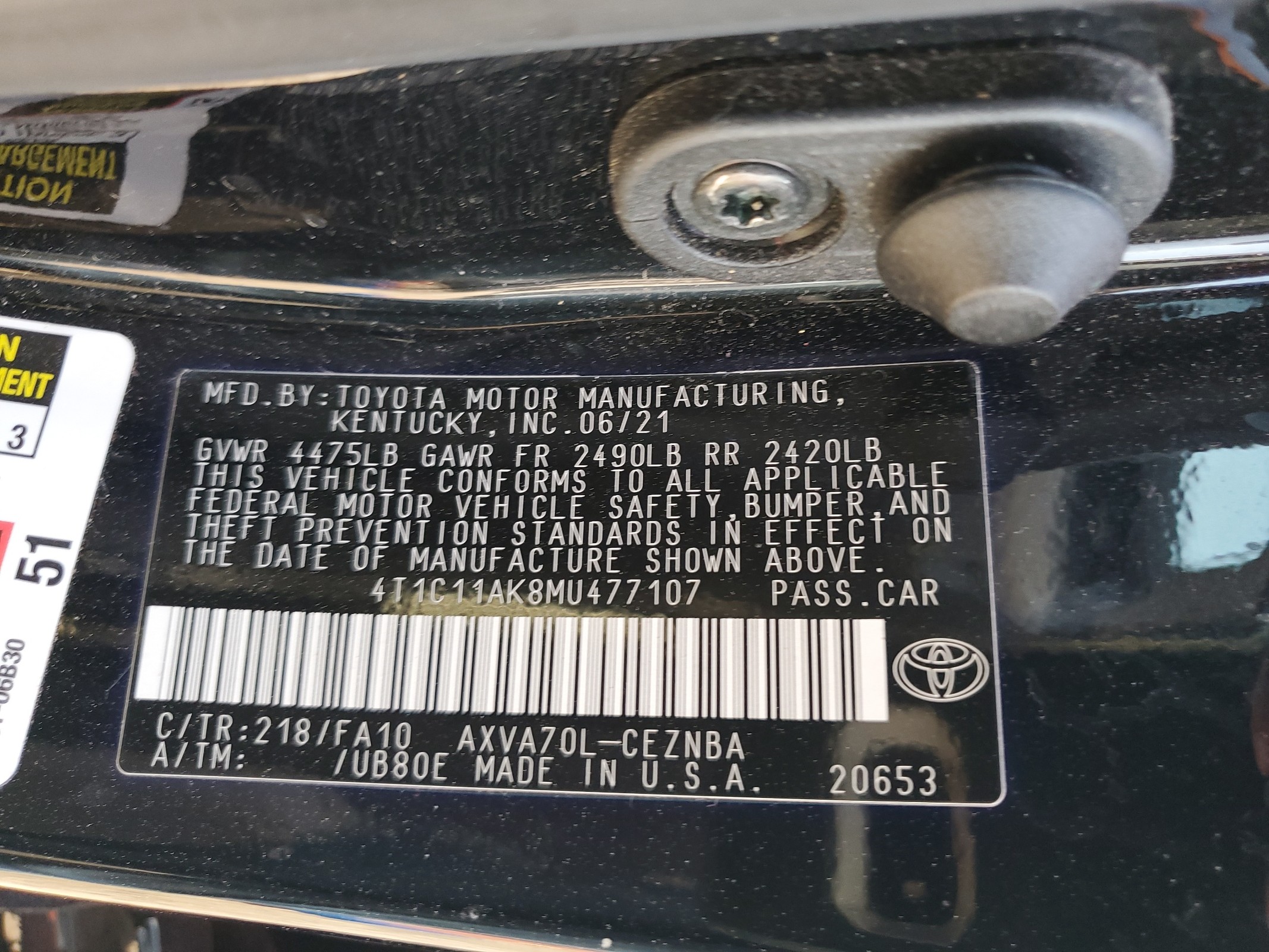 4T1C11AK8MU477107 2021 Toyota Camry Le