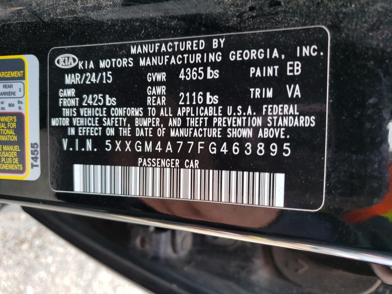 5XXGM4A77FG463895 2015 Kia Optima Lx