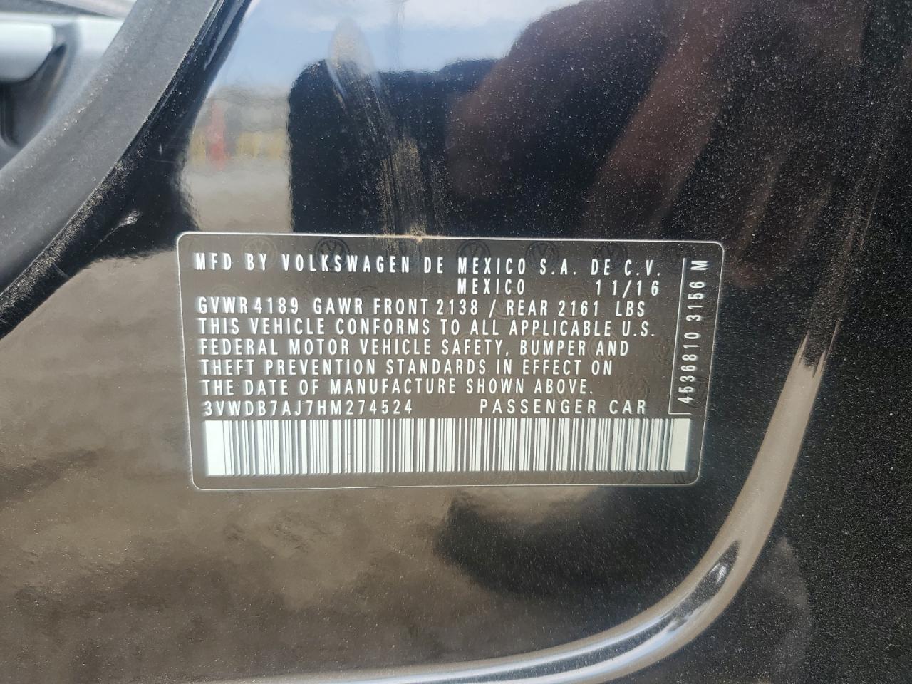 2017 Volkswagen Jetta Se VIN: 3VWDB7AJ7HM274524 Lot: 65442114