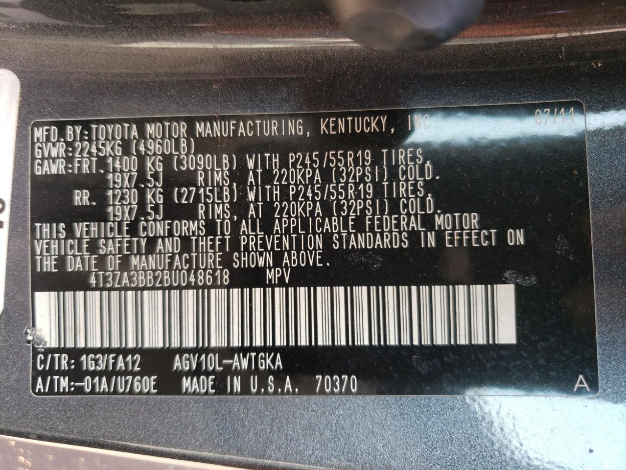 2011 Toyota Venza VIN: 4T3ZA3BB2BU048618 Lot: 66736614