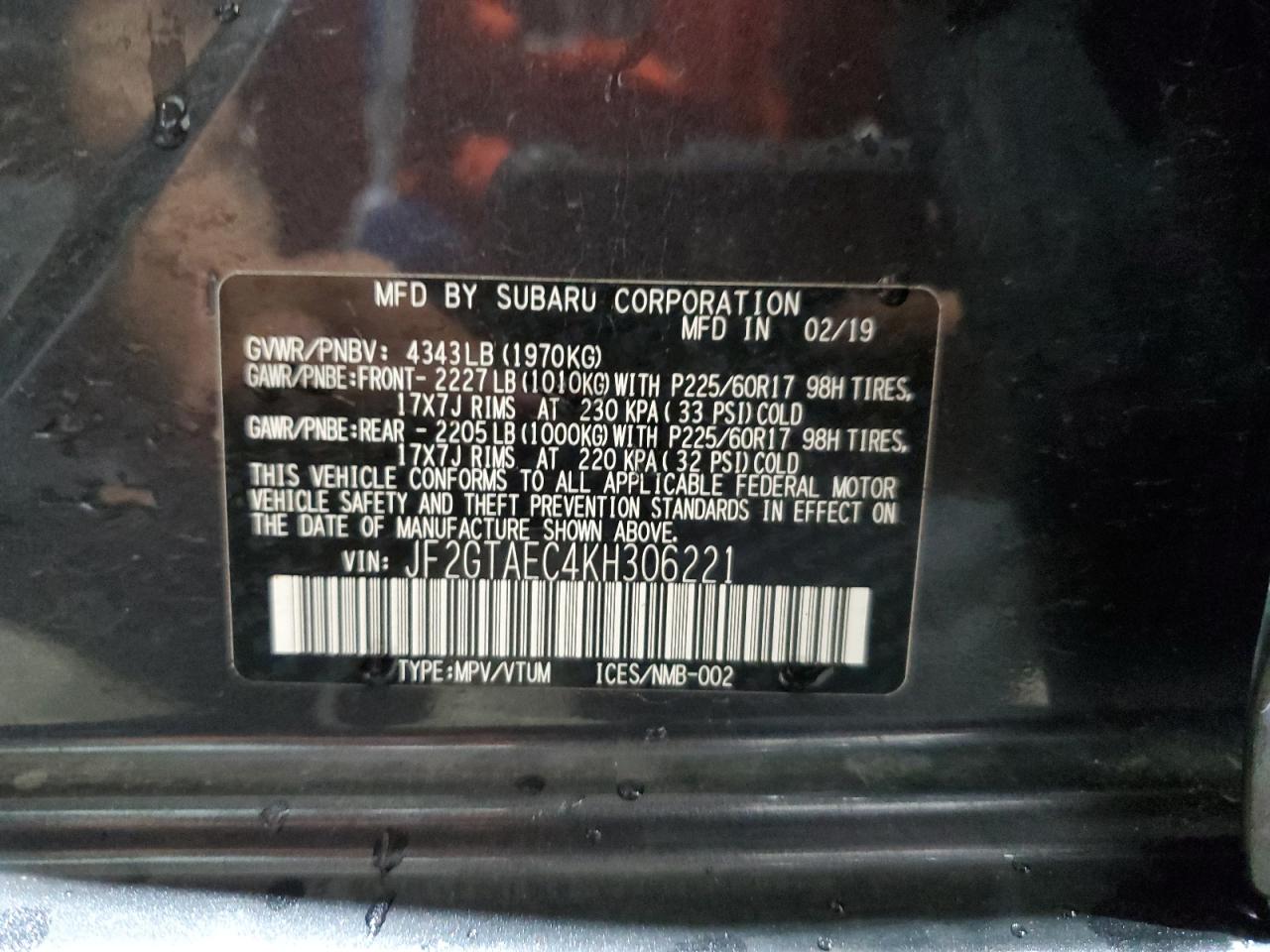 JF2GTAEC4KH306221 2019 Subaru Crosstrek Premium