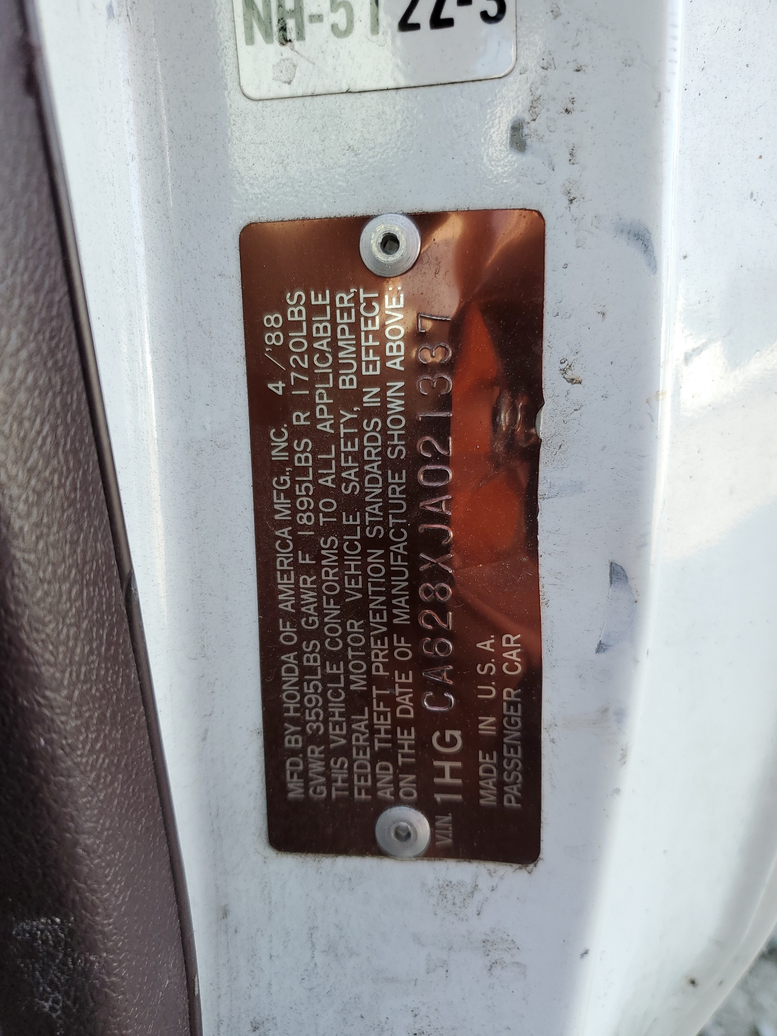 1HGCA628XJA021337 1988 Honda Accord Lxi