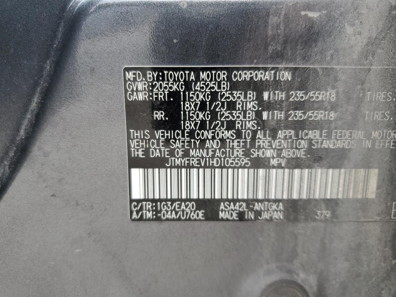 2017 Toyota Rav4 Limited VIN: JTMYFREV1HD105595 Lot: 68387694