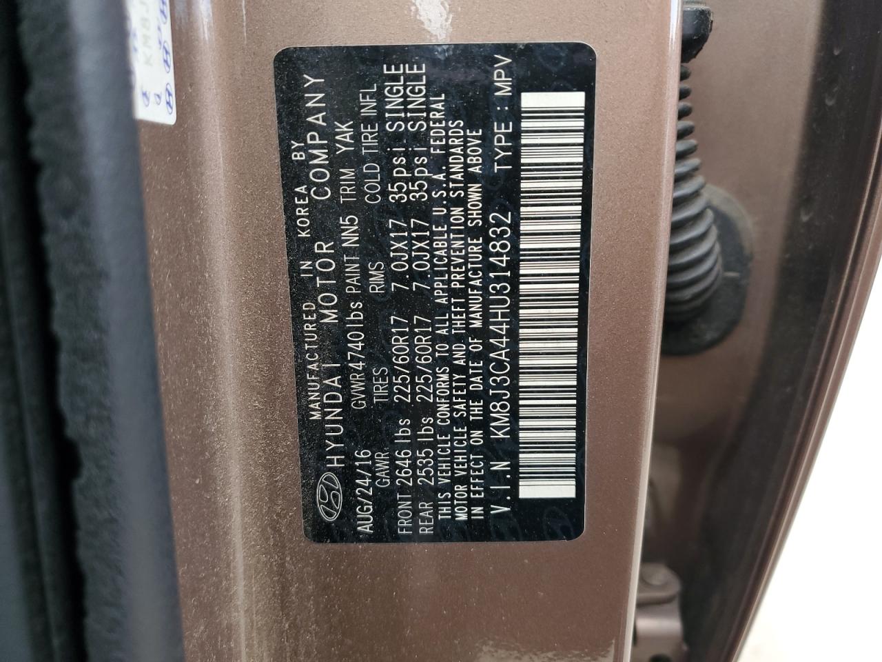 2017 Hyundai Tucson Limited VIN: KM8J3CA44HU314832 Lot: 67847024