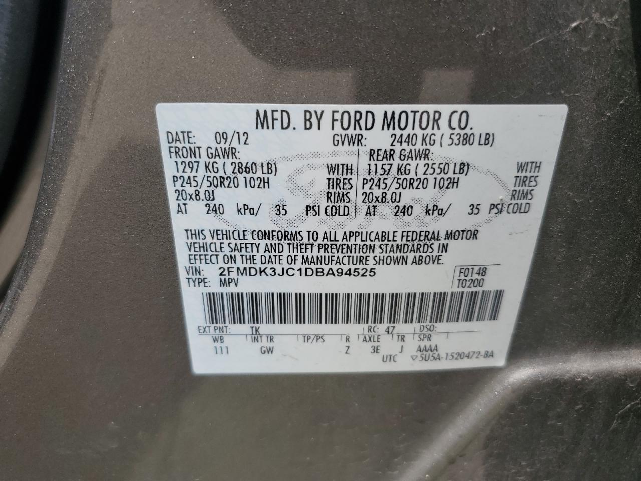 2013 Ford Edge Sel VIN: 2FMDK3JC1DBA94525 Lot: 65741634