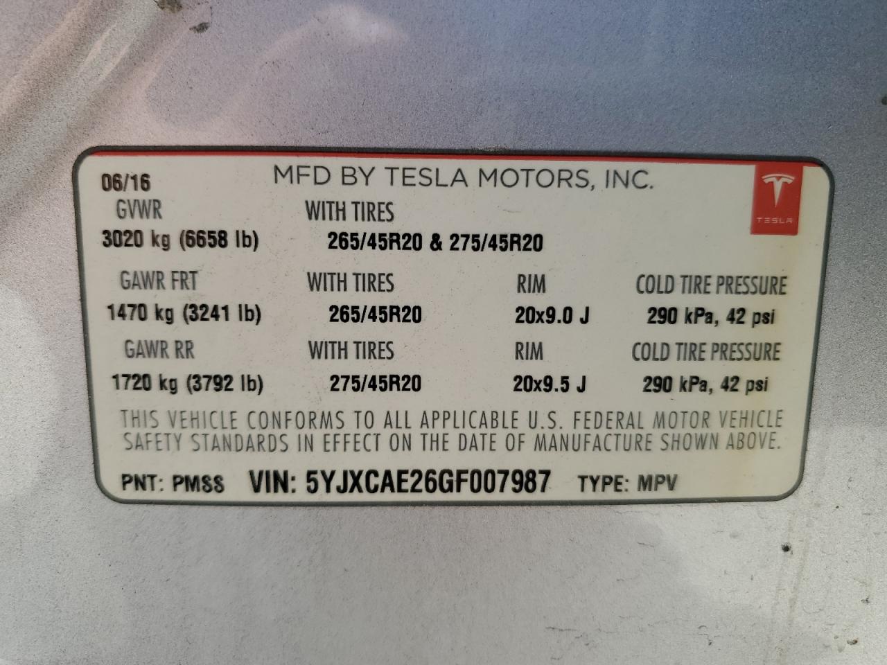 2016 Tesla Model X VIN: 5YJXCAE26GF007987 Lot: 67322884