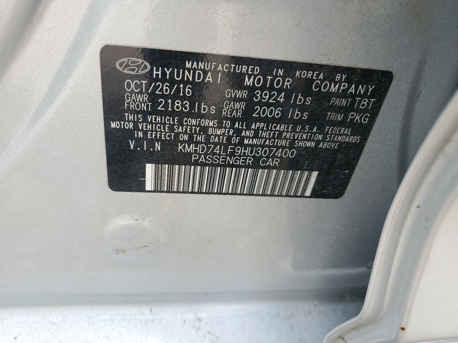KMHD74LF9HU307400 2017 Hyundai Elantra Se
