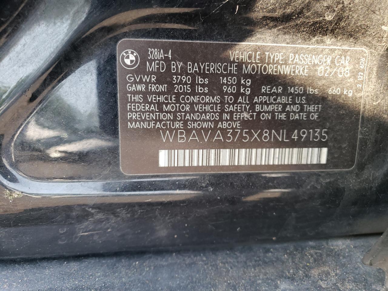 2008 BMW 328 I VIN: WBAVA375X8NL49135 Lot: 65673064