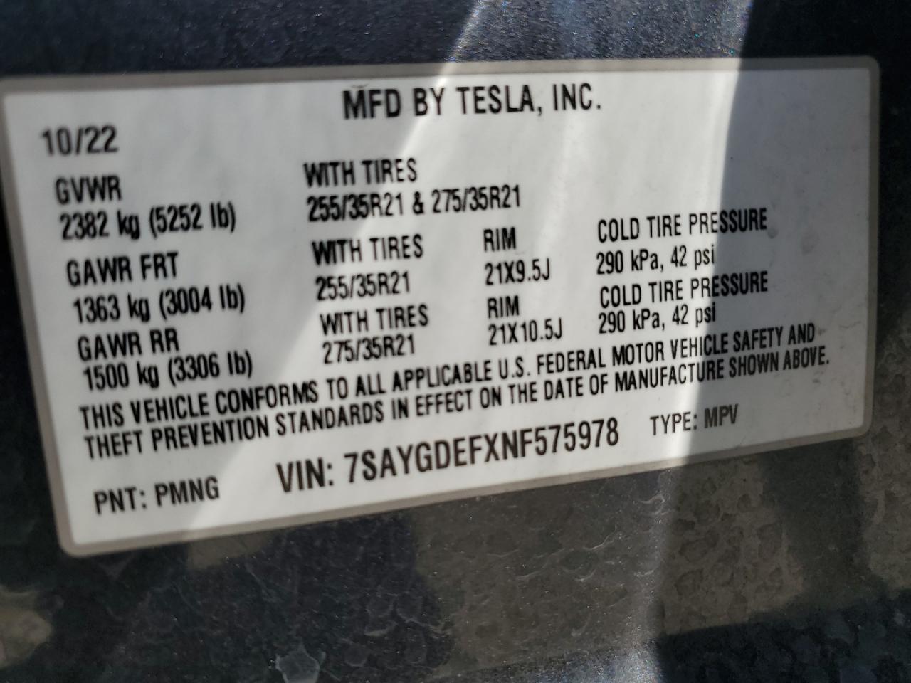 2022 Tesla Model Y VIN: 7SAYGDEFXNF575978 Lot: 66945774