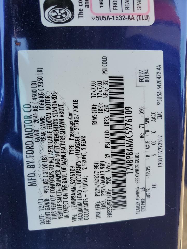 2012 Ford Mustang VIN: 1ZVBP8AM6C5276109 Lot: 68108514