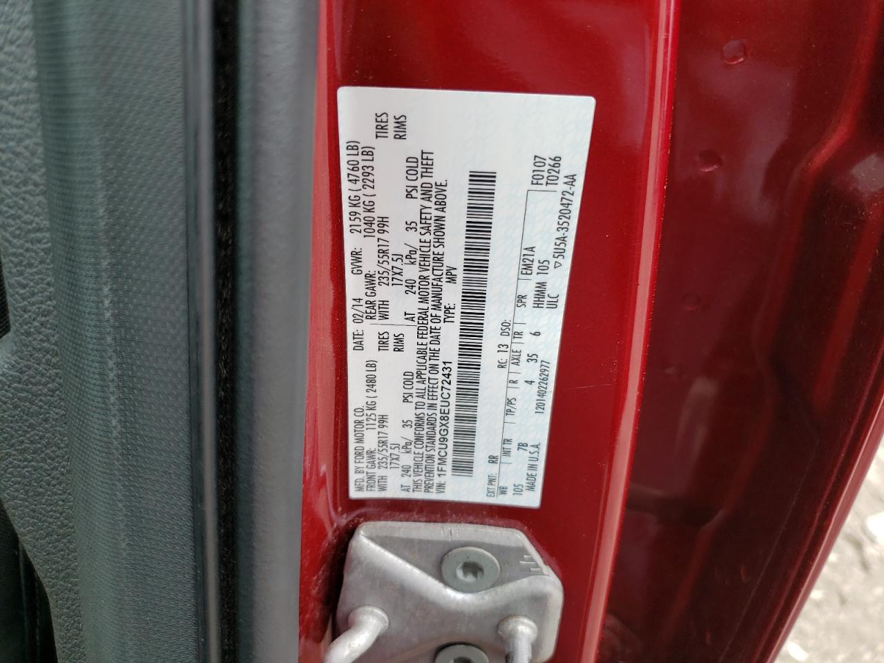 2014 Ford Escape Se VIN: 1FMCU9GX8EUC72431 Lot: 66676394