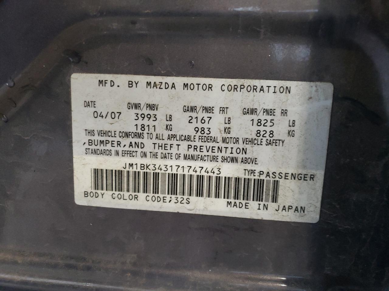 2007 Mazda 3 Hatchback VIN: JM1BK343171747443 Lot: 65646374