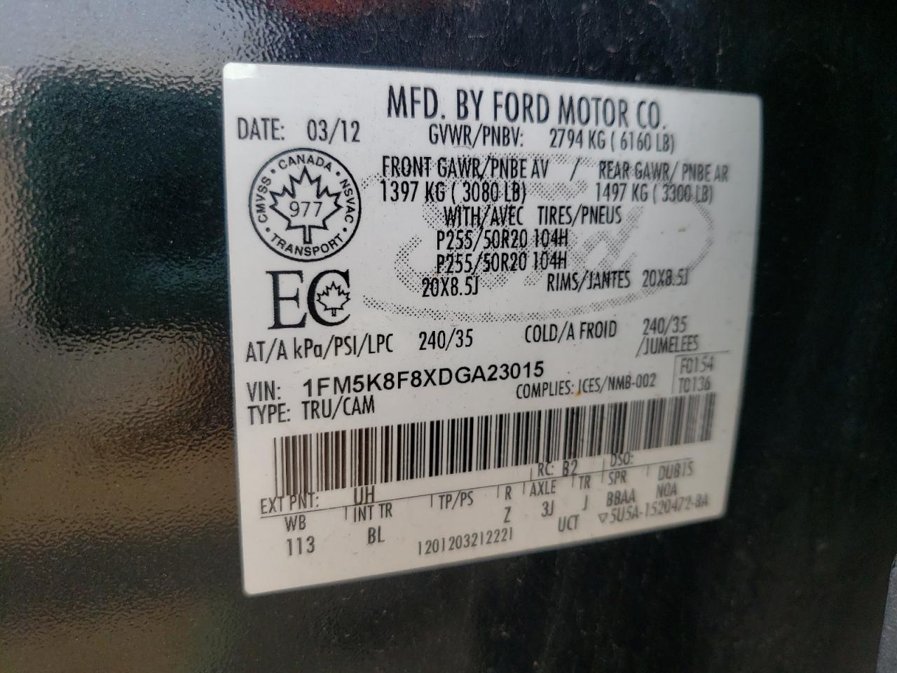 2013 Ford Explorer Limited VIN: 1FM5K8F8XDGA23015 Lot: 67649824