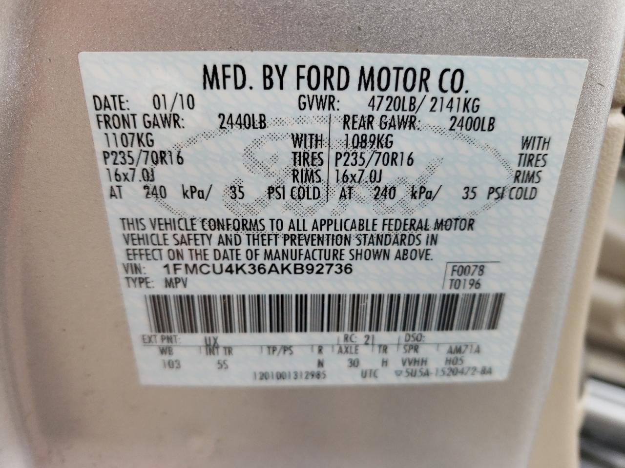 2010 Ford Escape Hybrid VIN: 1FMCU4K36AKB92736 Lot: 65903124