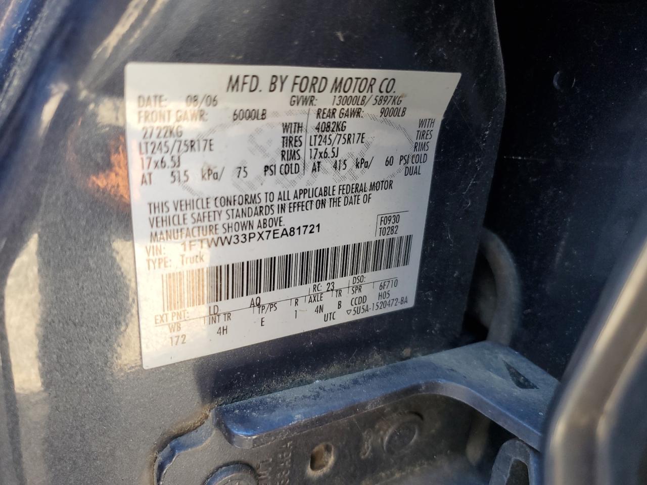 2007 Ford F350 Super Duty VIN: 1FTWW33PX7EA81721 Lot: 68985764