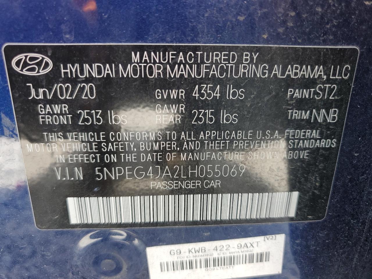 2020 Hyundai Sonata Se VIN: 5NPEG4JA2LH055069 Lot: 68047804