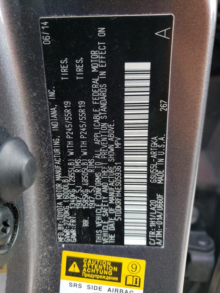 2014 Toyota Highlander Limited VIN: 5TDDKRFH4ES059361 Lot: 65846584