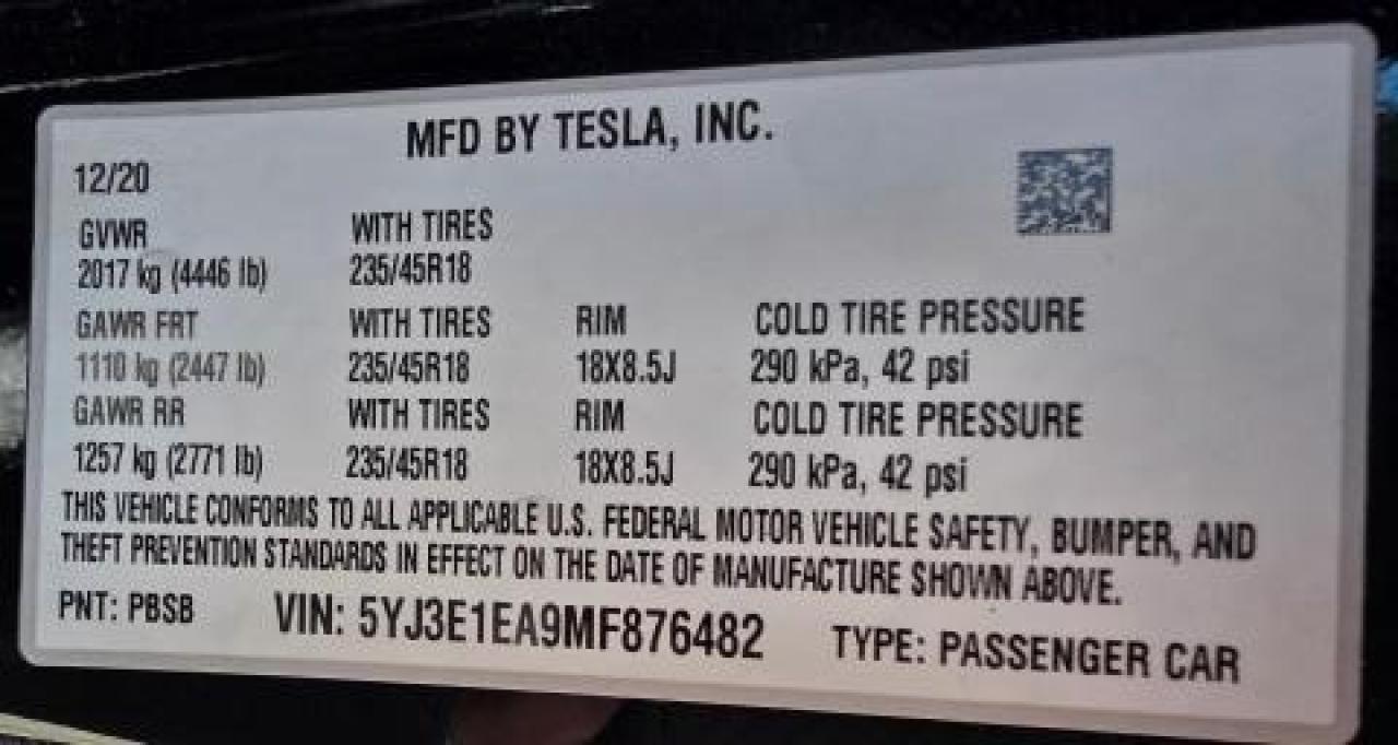 2021 Tesla Model 3 VIN: 5YJ3E1EA9MF876482 Lot: 65917684