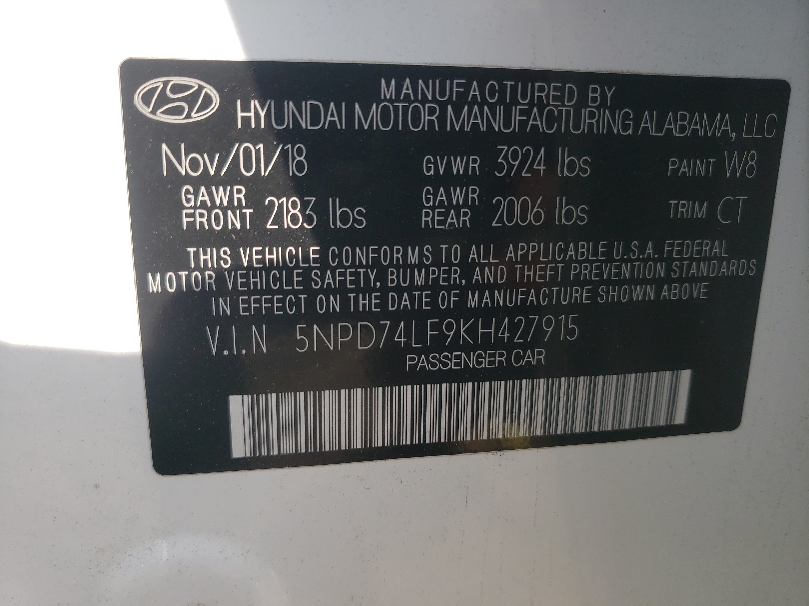 5NPD74LF9KH427915 2019 Hyundai Elantra Se