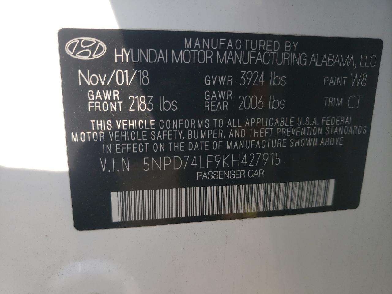 2019 Hyundai Elantra Se VIN: 5NPD74LF9KH427915 Lot: 66574394