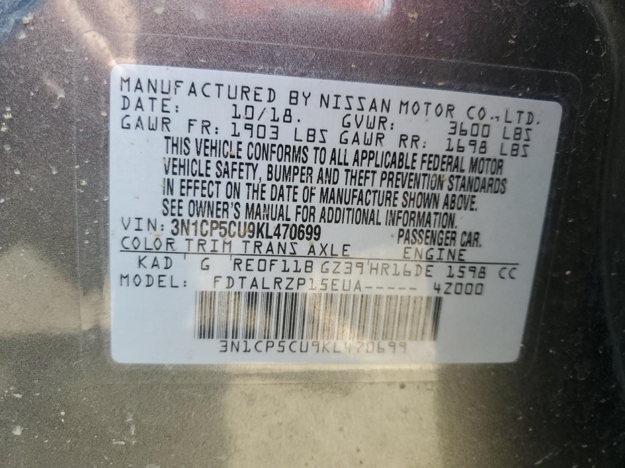 2019 Nissan Kicks S VIN: 3N1CP5CU9KL470699 Lot: 66613644