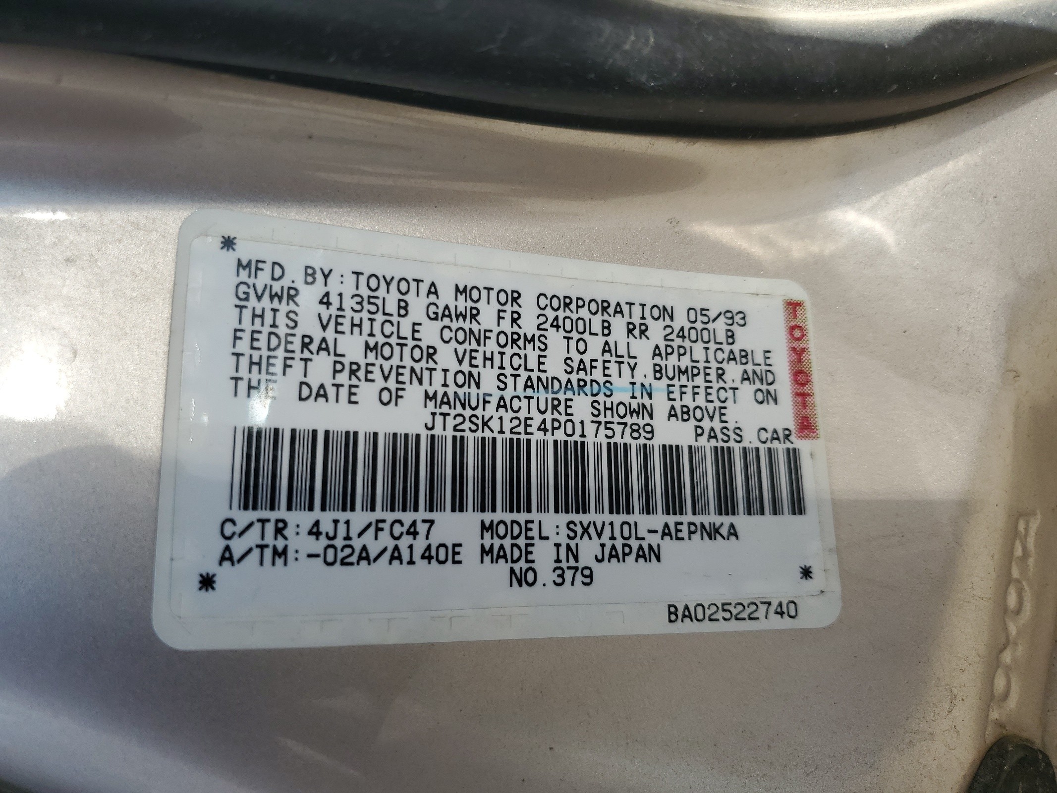 JT2SK12E4P0175789 1993 Toyota Camry Le