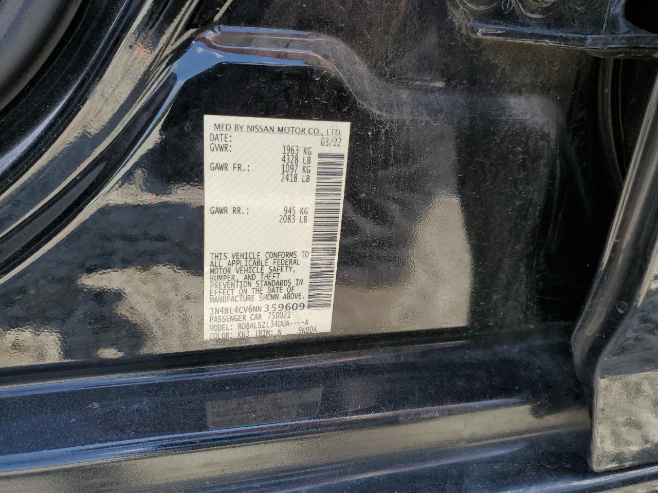 2022 Nissan Altima Sr VIN: 1N4BL4CV6NN359609 Lot: 68098314