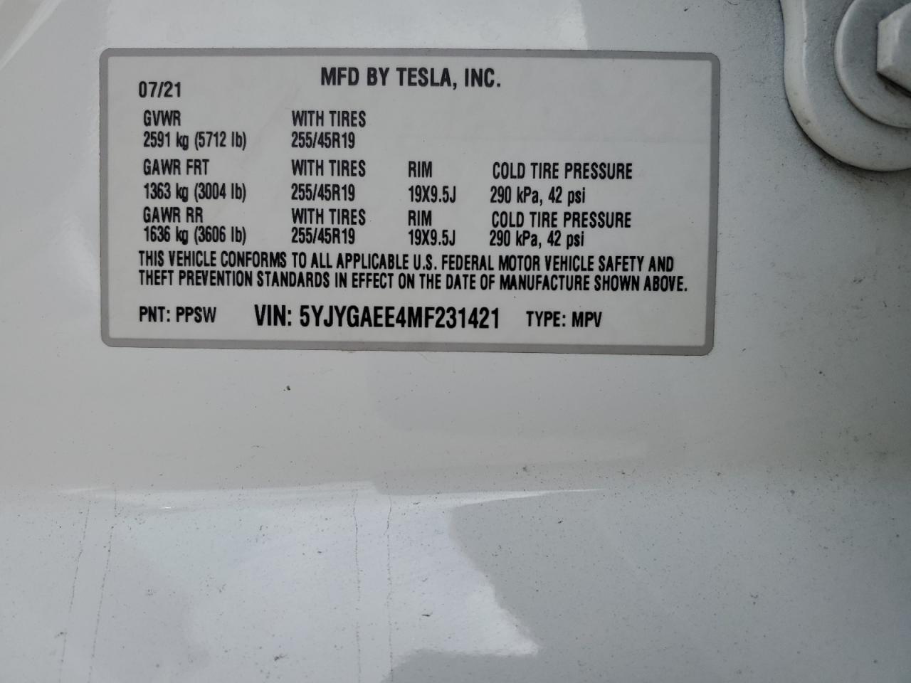 5YJYGAEE4MF231421 2021 Tesla Model Y