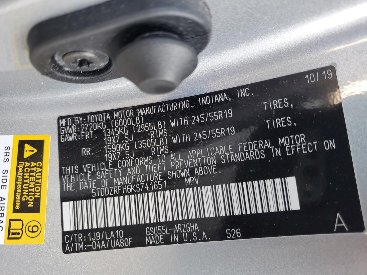 2019 Toyota Highlander Limited VIN: 5TDDZRFH6KS741651 Lot: 67311514