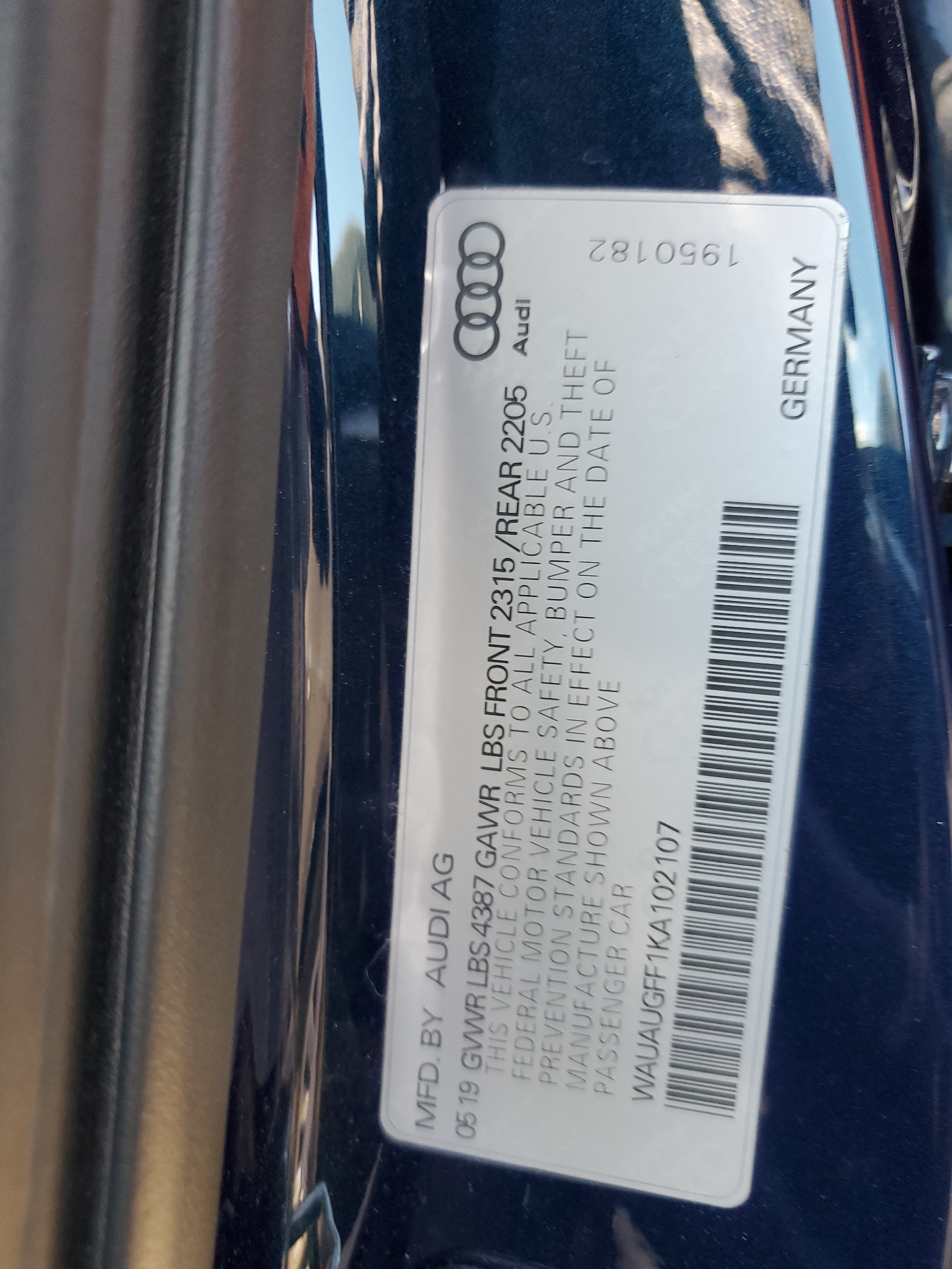 WAUAUGFF1KA102107 2019 Audi A3 Premium