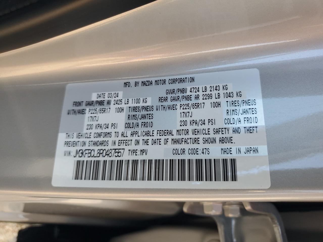 2024 Mazda Cx-5 Preferred VIN: JM3KFBCL8R0487557 Lot: 67036304