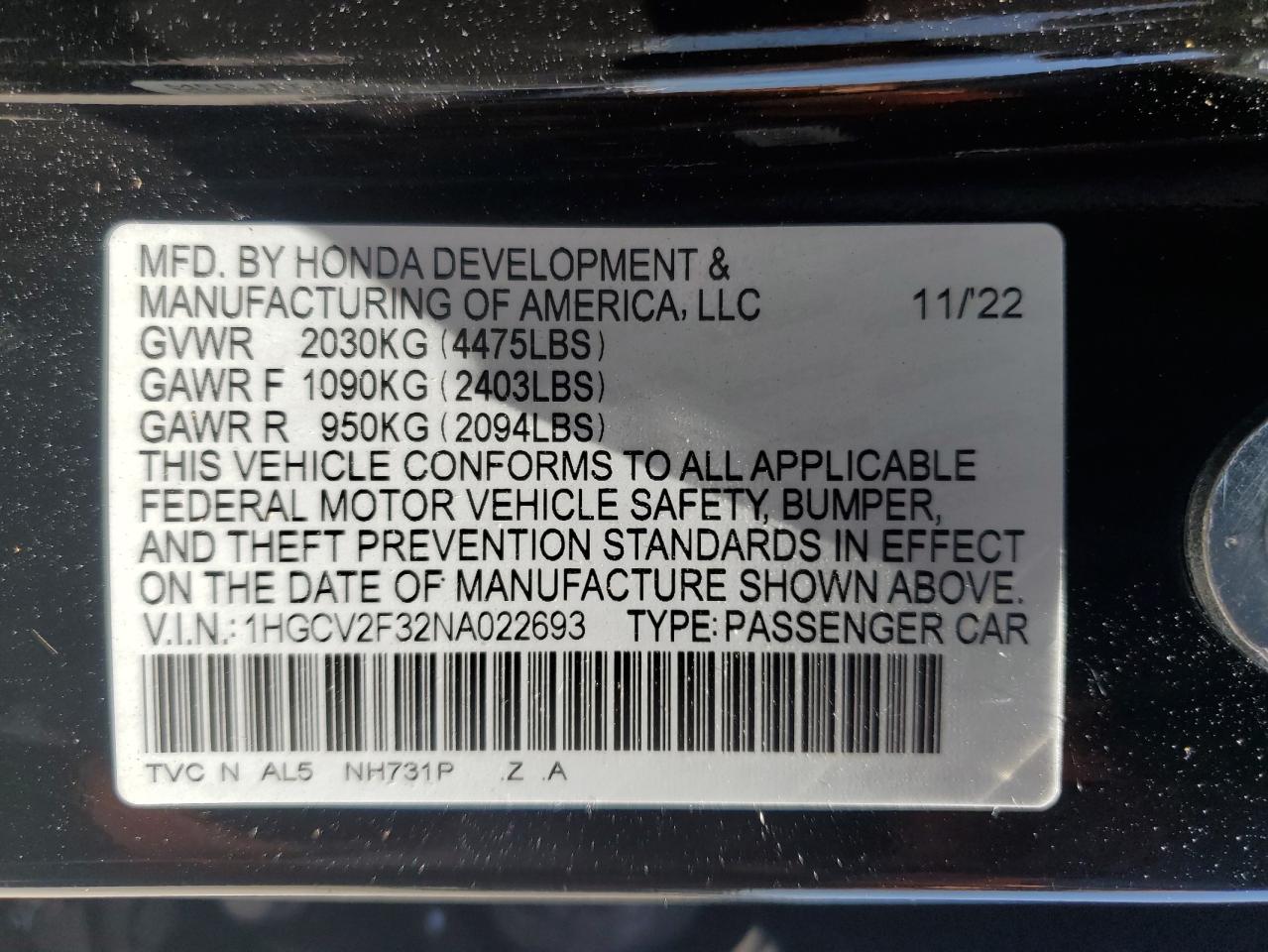 1HGCV2F32NA022693 2022 Honda Accord Sport