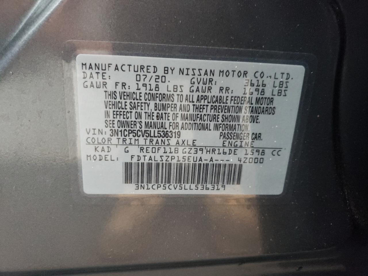 2020 Nissan Kicks Sv VIN: 3N1CP5CV5LL536319 Lot: 66749564