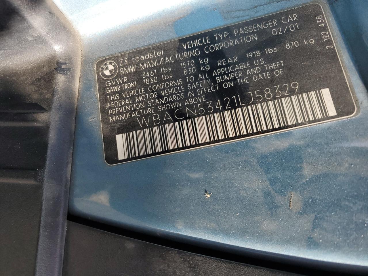 2001 BMW Z3 3.0 VIN: WBACN53421LJ58329 Lot: 67878914