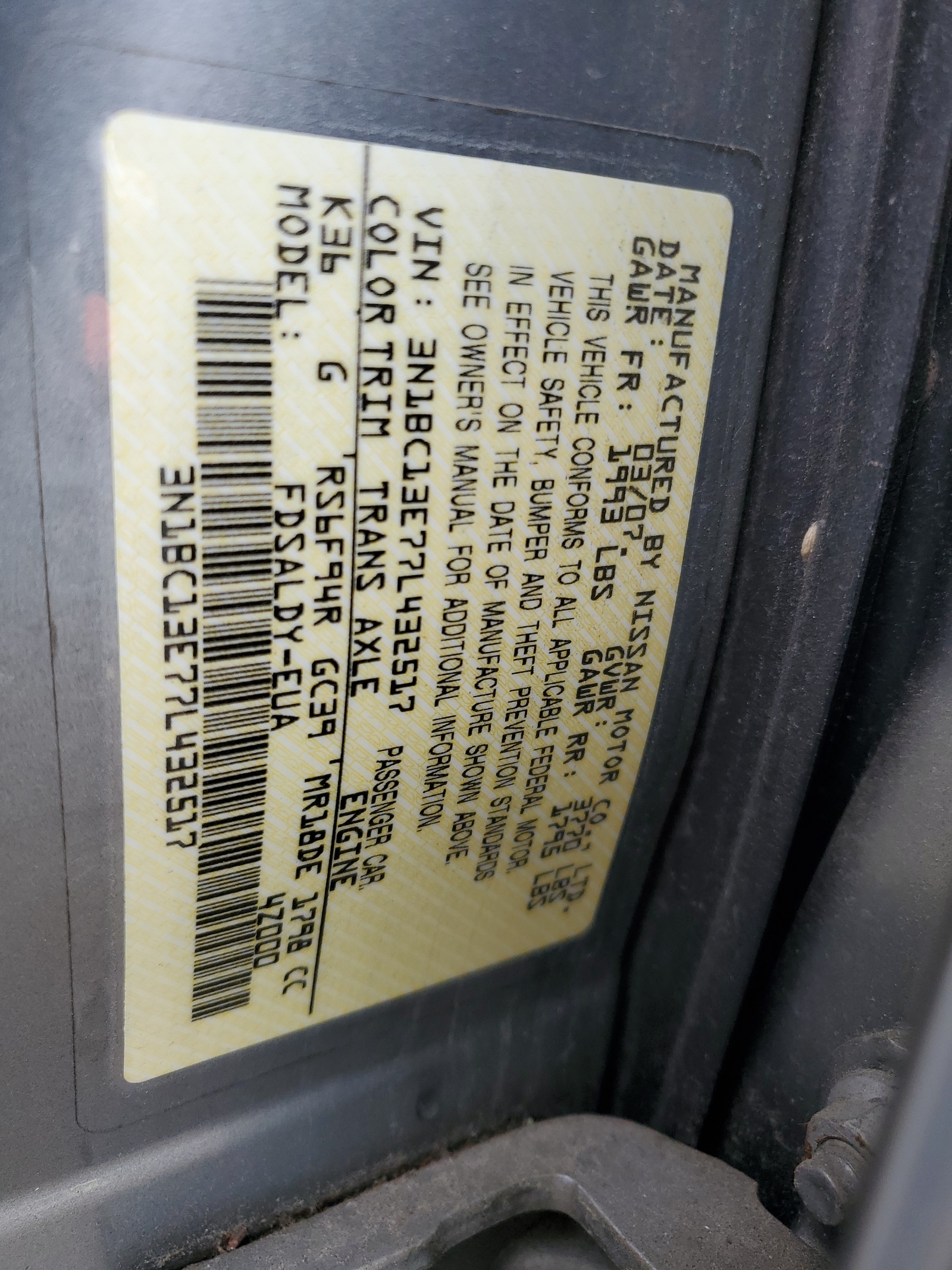 3N1BC13E77L432517 2007 Nissan Versa S