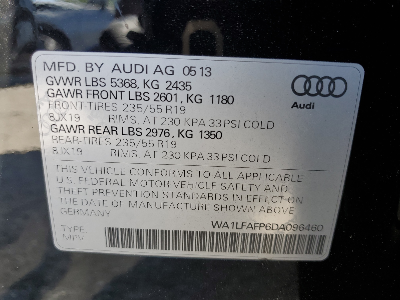 WA1LFAFP6DA096460 2013 Audi Q5 Premium Plus