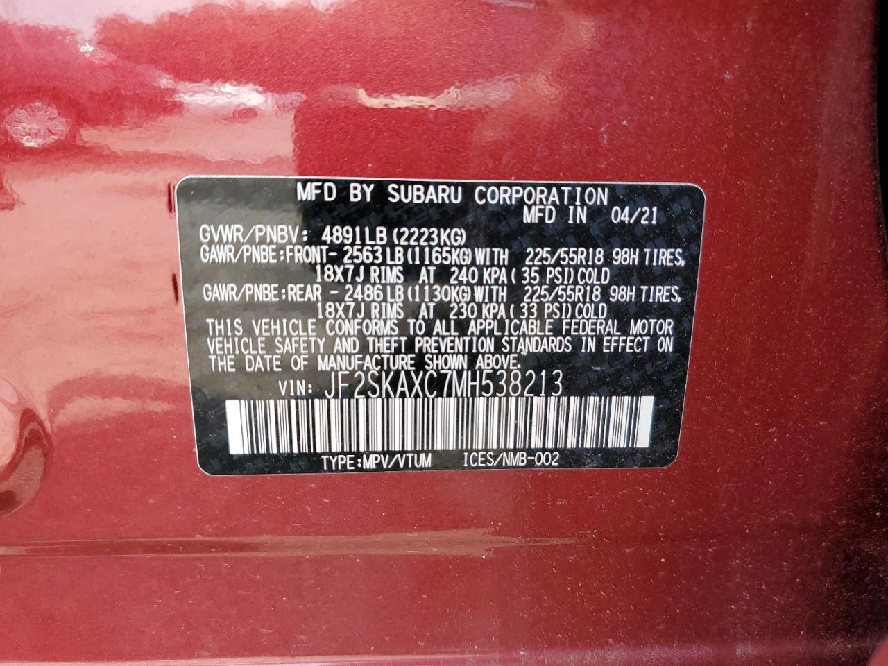 2021 Subaru Forester Touring VIN: JF2SKAXC7MH538213 Lot: 65192094