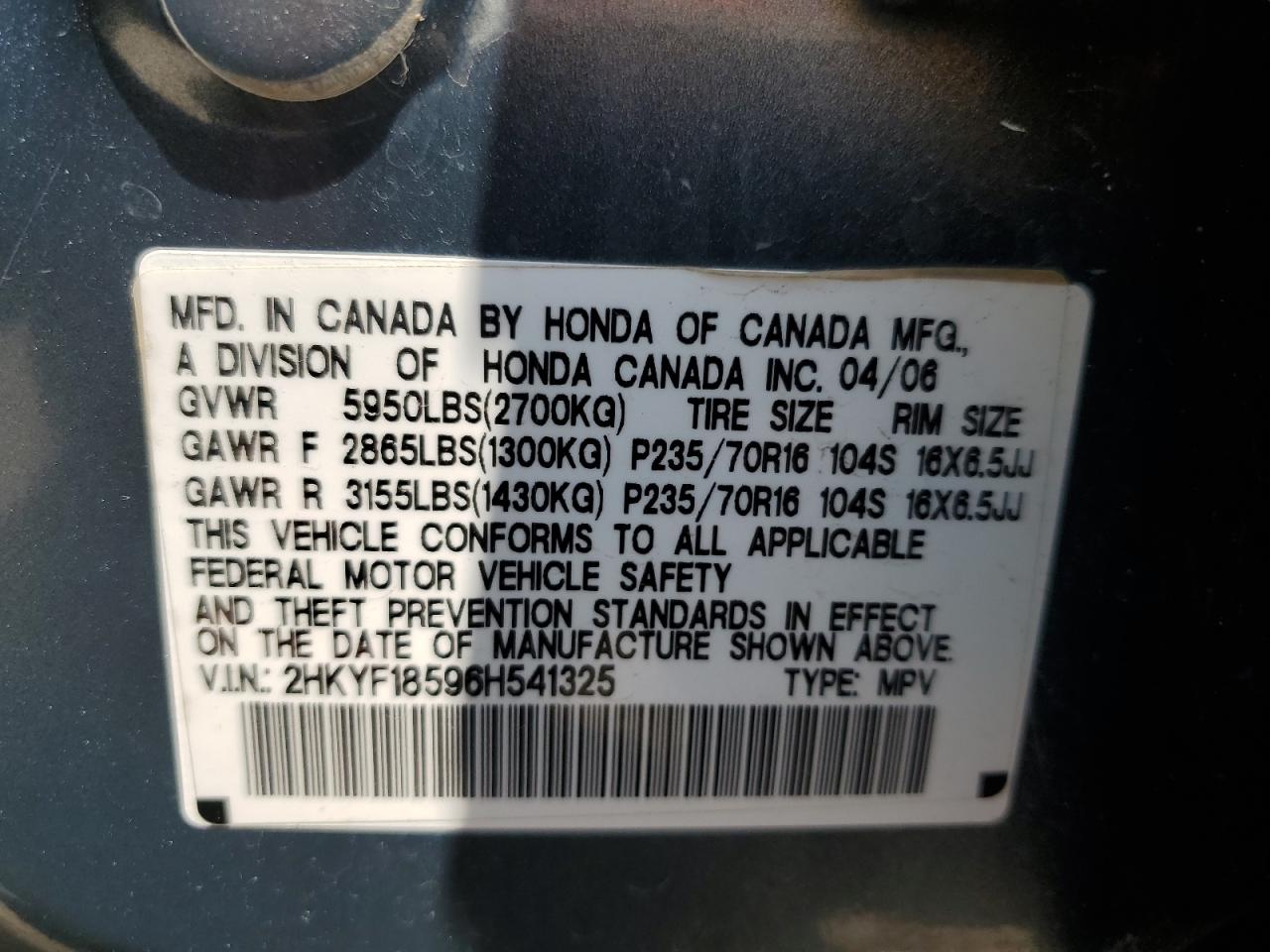 2006 Honda Pilot Ex VIN: 2HKYF18596H541325 Lot: 65634784