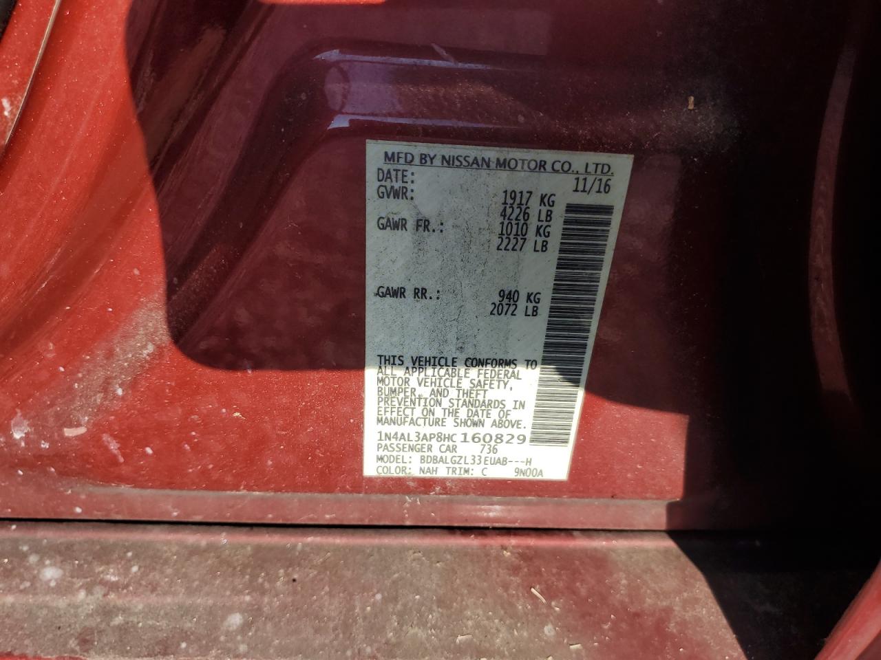 2017 Nissan Altima 2.5 VIN: 1N4AL3AP8HC160829 Lot: 67157014